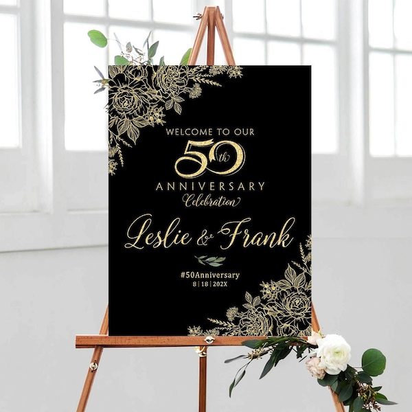 50th anniversary sign, Golden decorations, 50th anniversary poster, 50th anniversary invitation, 50th anniversary sign, Gold flowers sign