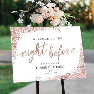 La noche anterior al cartel, cartel de la cena de ensayo, cartel de ensayo de boda, cartel de bienvenida minimalista moderno, decoración de la cena de ensayo de oro rosa