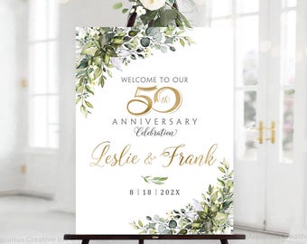 Personalized Wedding Anniversary sign, Greenery gold Anniversary Decorations, 50th anniversary Decor, 50 Year Anniversary, Anniversary signs