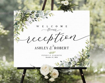 Reception Welcome Sign, Wedding reception sign, Wedding Welcome Sign, Wedding reception Decor, Greenery wedding Sign, Rehearsal dinner sign