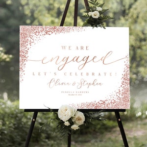 Signo de fiesta de compromiso, signo de bienvenida de compromiso, decoración de compromiso de oro rosa, decoraciones de fiesta de compromiso, signo de compromiso, signo comprometido