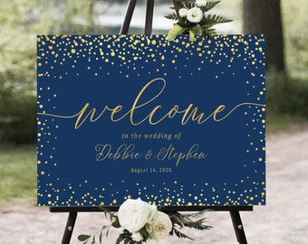 Wedding Welcome Sign, Gold Confetti Wedding Sign, Navy Blue Decor, Navy Gold Wedding, Modern Wedding Sign, Gold Confetti Decor, Wedding sign