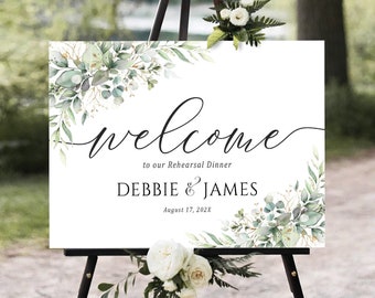 Rehearsal Dinner Sign, Wedding Rehearsal Sign, Greenery Wedding, Greenery Rehearsal Dinner Decor, Wedding welcome sign, Greenery Decorations