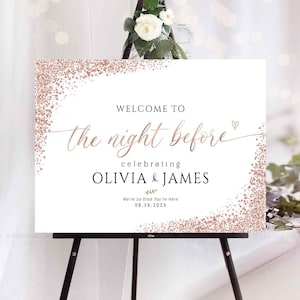 Letrero de cena de ensayo, letrero de ensayo, decoración en oro rosa, letrero de bienvenida a la cena de ensayo la noche anterior, decoración de bodas, decoración minimalista