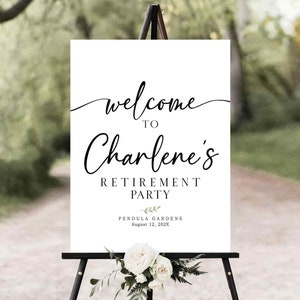 May include: White welcome sign with black calligraphy text that reads "Welcome to Charlene's Retirement Party" with a small green leaf design and the text "Pendula Gardens August 12, 202X".