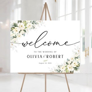 Letrero de bienvenida para boda, letrero de boda con rosas blancas, letrero de bienvenida para boda, decoraciones con flores blancas, decoraciones para boda, letrero para fiesta de boda