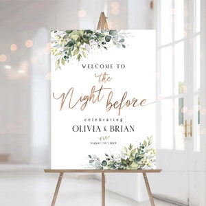Placa para jantar de ensaio, Placa para ensaio, Decoração com vegetação, Placa de boas-vindas para o jantar de ensaio na noite anterior, Placa para casamento, Eucalipto com vegetação