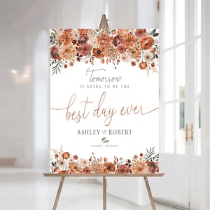 Cartel de la cena de ensayo, cena de ensayo de la boda, decoración de la boda de otoño, cartel de bienvenida de la cena de ensayo de otoño, boda de otoño, decoración de naranja quemada