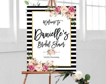 Floral Gold Black White Stripes Bridal Shower, Bridal Shower decoration, Bridal Shower Welcome Sign, Bridal Shower sign, Black Stripes Decor