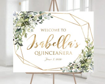 Letrero de bienvenida para quinceañera, letrero de quinceañera, decoraciones verdes para quinceañera, letrero de 15.º cumpleaños, letrero de 16.º cumpleaños, letrero para baby shower