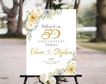50th anniversary sign, Gold wedding Anniversary, 50th Anniversary decoration, White rose Wedding Anniversary, 50th anniversary poster