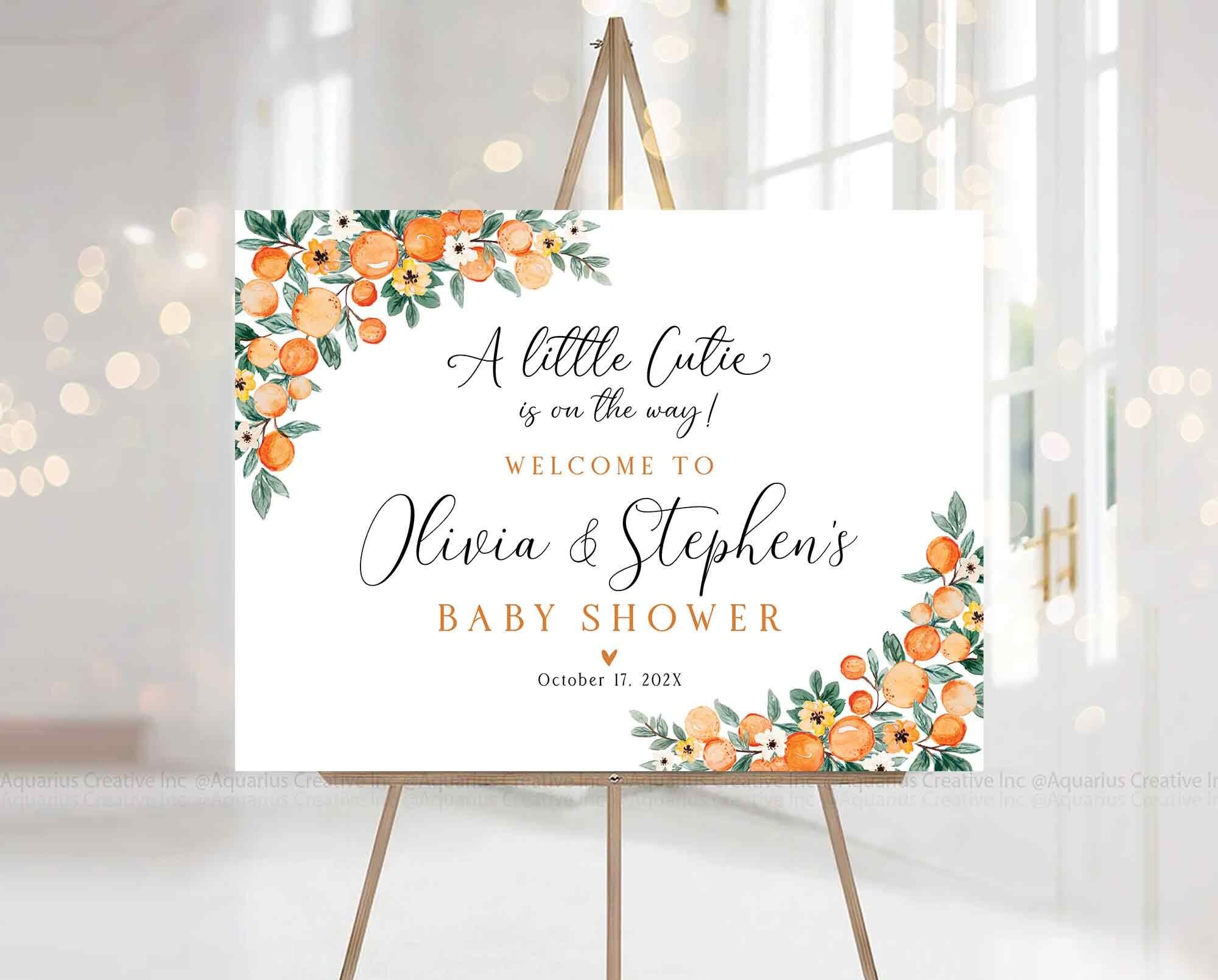 Babyparty-Zeichen, Babyparty-Willkommensschild, A little Cutie ist auf dem Weg, Orange Babyparty, Orange Zitrus-Dekor, Orange Baby-Dusche-Dekor