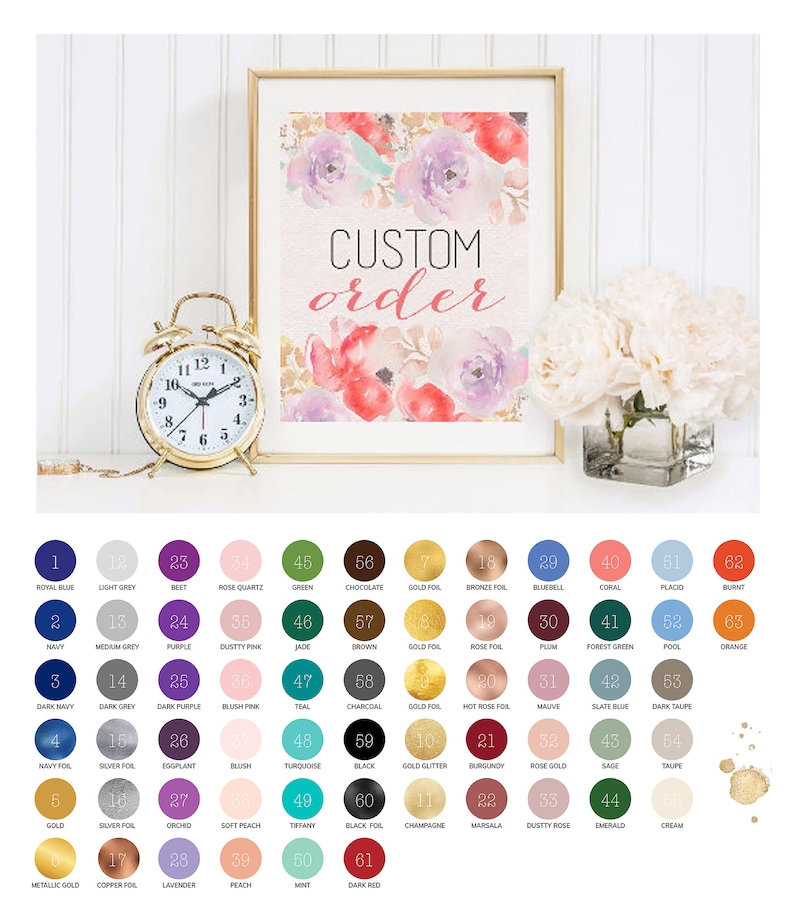 May include: A chart of 61 different color swatches with corresponding names. The chart is labeled "CUSTOM order".