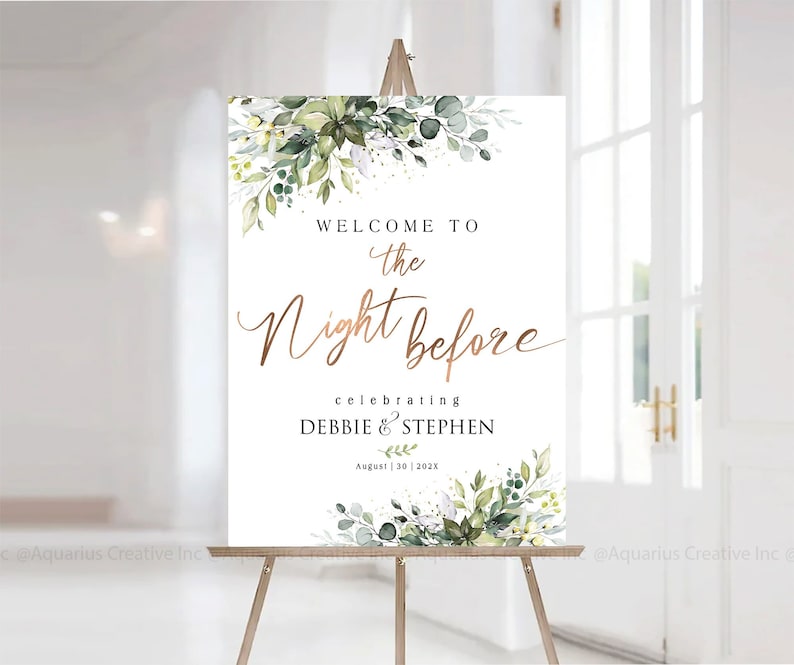 Rehearsal Dinner Sign, Welcome to the Night Before Sign, Wedding Rehearsal Sign, Engagement welcome sign, Greenery Wedding Decorations, One day Away Sign, The day before sign