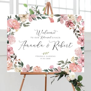Cartel de bienvenida de la cena de ensayo, carteles de boda, cartel de bienvenida de compromiso, fiesta de flores de malva, cartel de bienvenida de compromiso, cartel de cena de ensayo