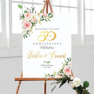 Cartel del 50 aniversario, decoraciones rosas y blancas, cartel del 50 aniversario, invitación del 50 aniversario, cartel del 50 aniversario, cartel de Pinky