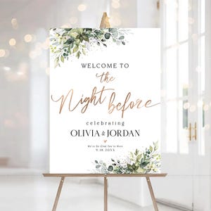 Rehearsal Dinner Sign, Welcome to the Night Before Sign, Wedding Rehearsal Sign, Engagement welcome sign, Greenery Wedding Decorations, One day Away Sign, The day before sign