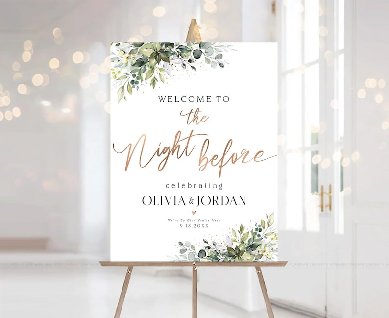 Rehearsal Dinner Sign, Welcome to the Night Before Sign, Wedding Rehearsal Sign, Engagement welcome sign, Greenery Wedding Decorations, One day Away Sign, The day before sign