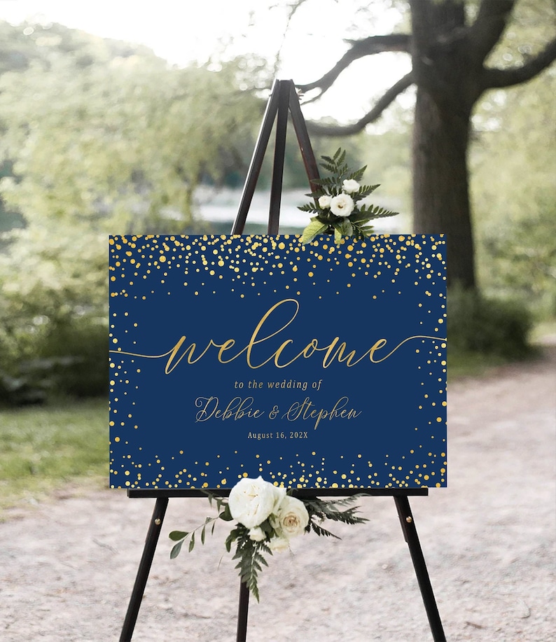 Wedding Welcome Sign Gold Confetti Wedding Sign Navy Blue - Etsy