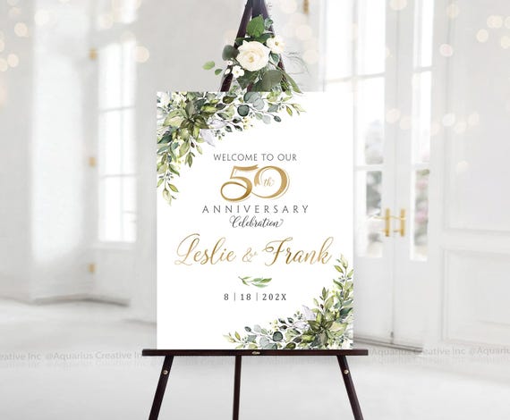 Personalized Wedding Anniversary sign, Greenery gold Anniversary Decorations, 50th anniversary Decor, 50 Year Anniversary, Anniversary signs