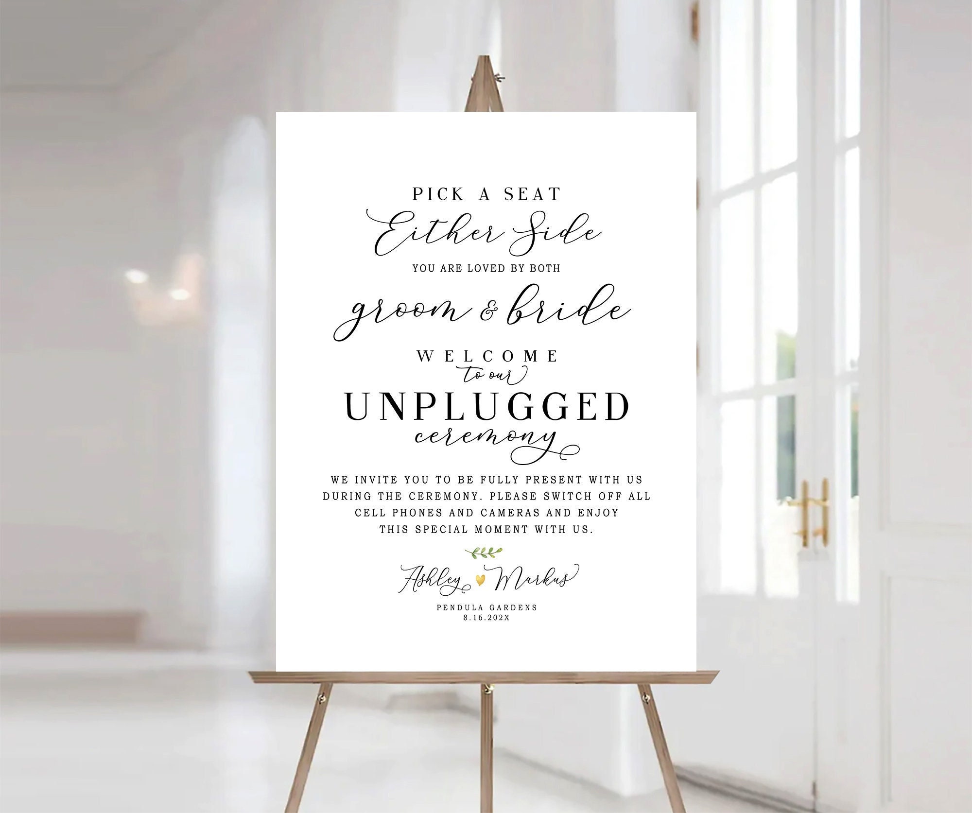 Welcome to the Unplugged Wedding and Pick a Seat Not a Side Sign