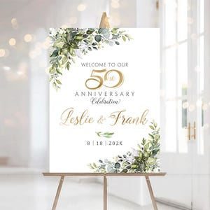 Personalized Wedding Anniversary sign, White and gold Anniversary Decorations, 50th anniversary Decor, 50 Year Anniversary, Anniversary sign, Personalized Wedding Anniversary sign, Greenery gold Anniversary Decorations, 50th anniversary Decor, 50 Year Anniversary, Anniversary signs