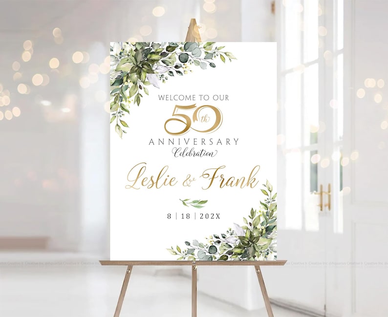 Personalized Wedding Anniversary sign, White and gold Anniversary Decorations, 50th anniversary Decor, 50 Year Anniversary, Anniversary sign, Personalized Wedding Anniversary sign, Greenery gold Anniversary Decorations, 50th anniversary Decor, 50 Year Anniversary, Anniversary signs