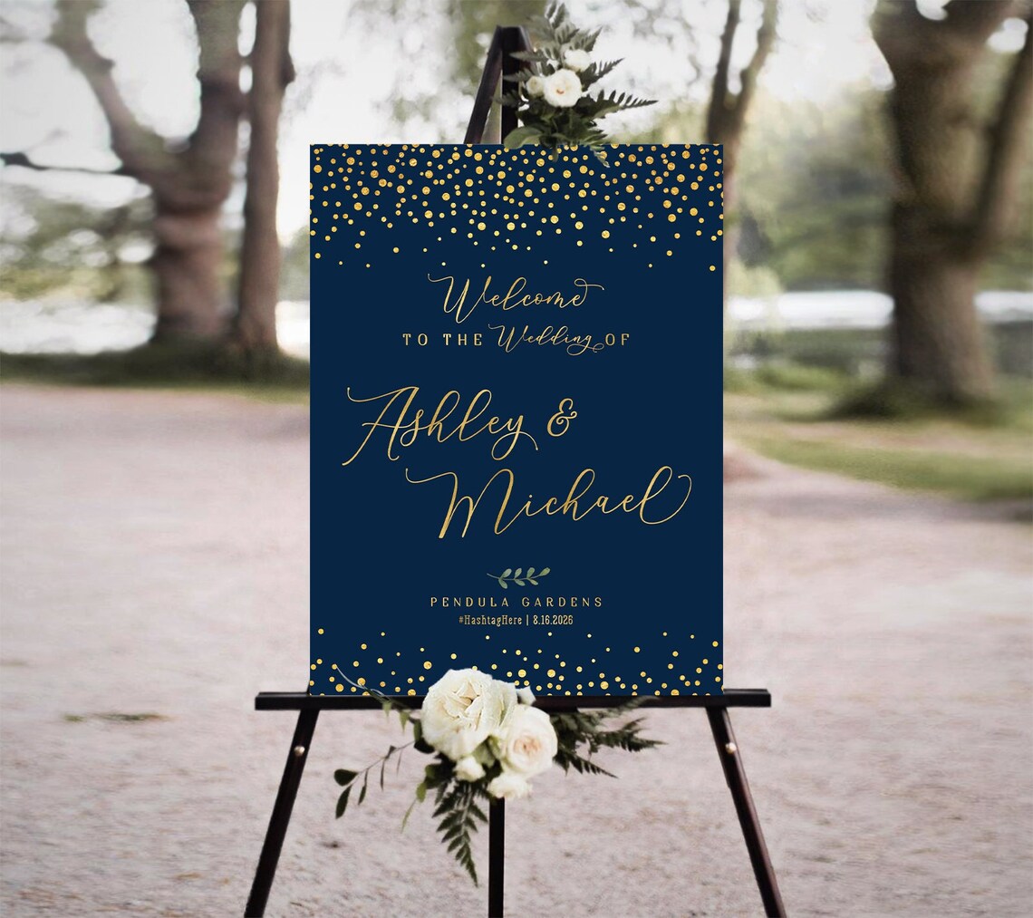 Wedding Welcome Sign Gold Confetti Wedding Sign Navy Blue - Etsy