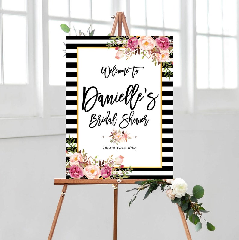 Floral Gold Black White Stripes Bridal Shower, Bridal Shower decoration, Bridal Shower Welcome Sign, Bridal Shower sign, Black Stripes Decor image 1