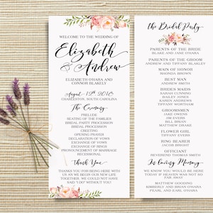 Trouwprogramma, afdrukbaar trouwprogramma, boho roze en ivoor bloemen, boho aquarel bloemenceremonie programma, boho rustieke bruiloft