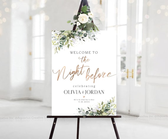 Personalized Rehearsal Dinner Sign, Rehearsal Sign, Greenery Decor, The Night Before, Rehearsal Dinner Welcome Sign, Greenery Eucalyptus