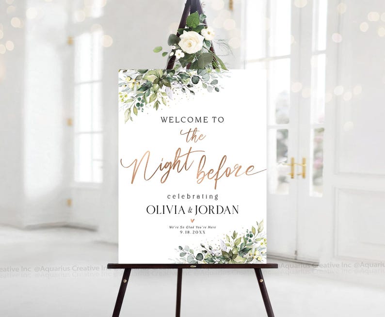 Rehearsal Dinner Sign, Welcome to the Night Before Sign, Wedding Rehearsal Sign, Engagement welcome sign, Greenery Wedding Decorations, One day Away Sign, The day before sign