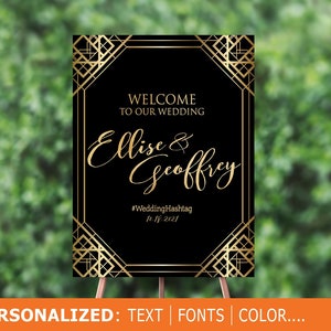 Welcome wedding sign, Wedding Welcome Sign, Black and Gold wedding, Gatsby Wedding Sign, Gold Art Deco Gatsby Wedding, Gatsby Art Deco