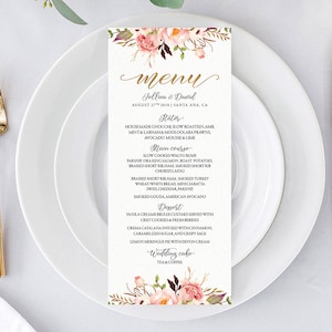 Menu de casamento, menu de casamento para impressão, cartão de menu, menu de jantar rústico, menu de casamento, para impressão, modelo de menu de casamento, menu de casamento personalizado