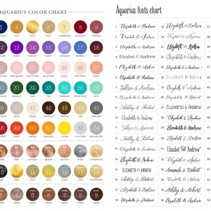 May include: A color chart with 64 different colors, numbered 1 through 64. The colors are arranged in rows of eight. The chart is labeled "Aquarius Color Chart". A second chart is labeled "Aquarius Fonts Chart" and shows 56 different font styles for names, with each name paired with a number from 1 to 56.