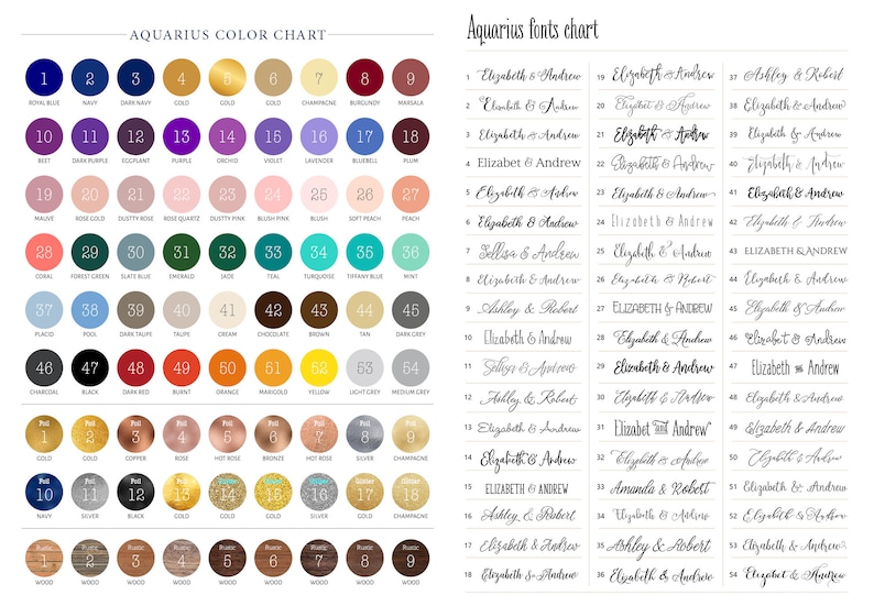May include: A color chart with 64 different colors, numbered 1 through 64. The colors are arranged in rows of eight. The chart is labeled "Aquarius Color Chart". A second chart is labeled "Aquarius Fonts Chart" and shows 56 different font styles for names, with each name paired with a number from 1 to 56.