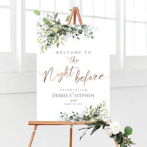 Rehearsal Dinner Sign, Welcome to the Night Before Sign, Wedding Rehearsal Sign, Engagement welcome sign, Greenery Wedding Decorations, One day Away Sign, The daybefore sign