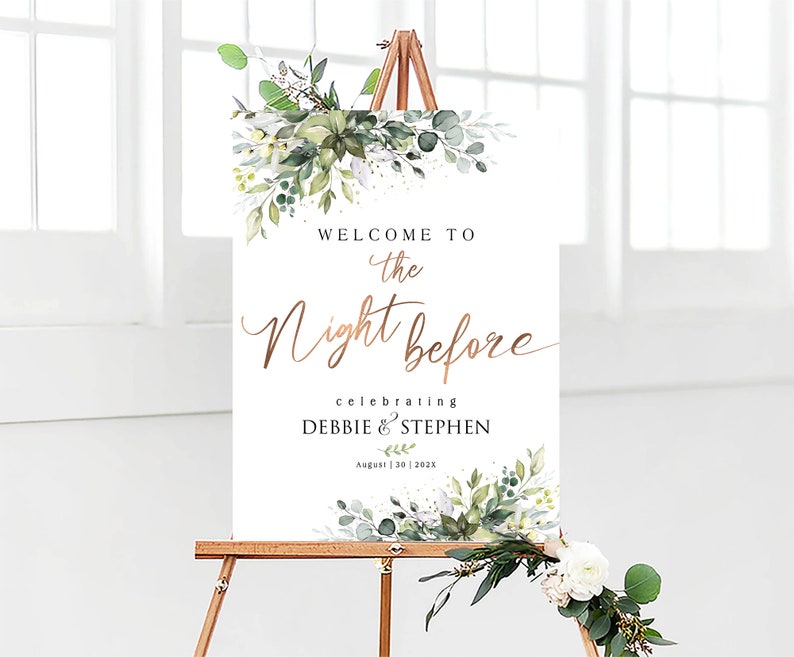 Rehearsal Dinner Sign, Welcome to the Night Before Sign, Wedding Rehearsal Sign, Engagement welcome sign, Greenery Wedding Decorations, One day Away Sign, The daybefore sign