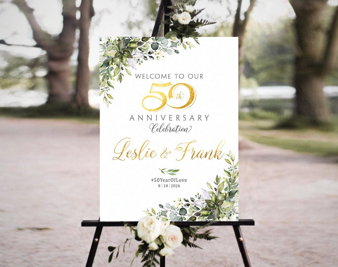 Buy 50th Anniversary Sign, Greenery Gold Decorations, 50th