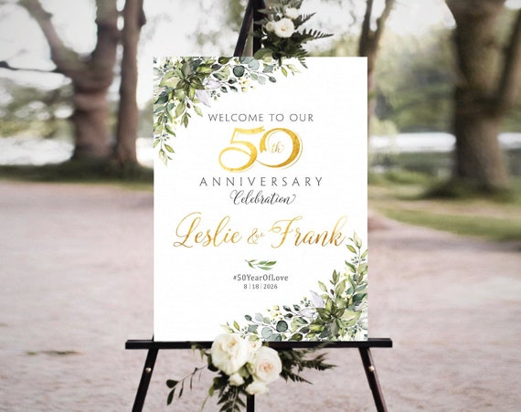 50th Anniversary sign, Greenery gold decorations, 50th anniversary poster, Anniversary invitation, Anniversary Decor, Greenery Decor