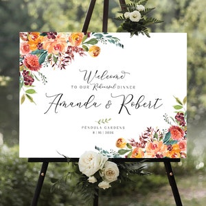 Cartel de bienvenida de la cena de ensayo, carteles de boda, cartel de bienvenida de otoño, fiesta de flores de coral, cartel de bienvenida de compromiso, cartel de bienvenida imprimible