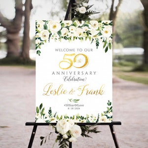 50 Jahre Jubiläum Schild, Weißgold Dekorationen, 50 Jahre Poster Plakat, Einladung zum 50 Jahrestag, Weiße Blumen, Jubiläum Schild