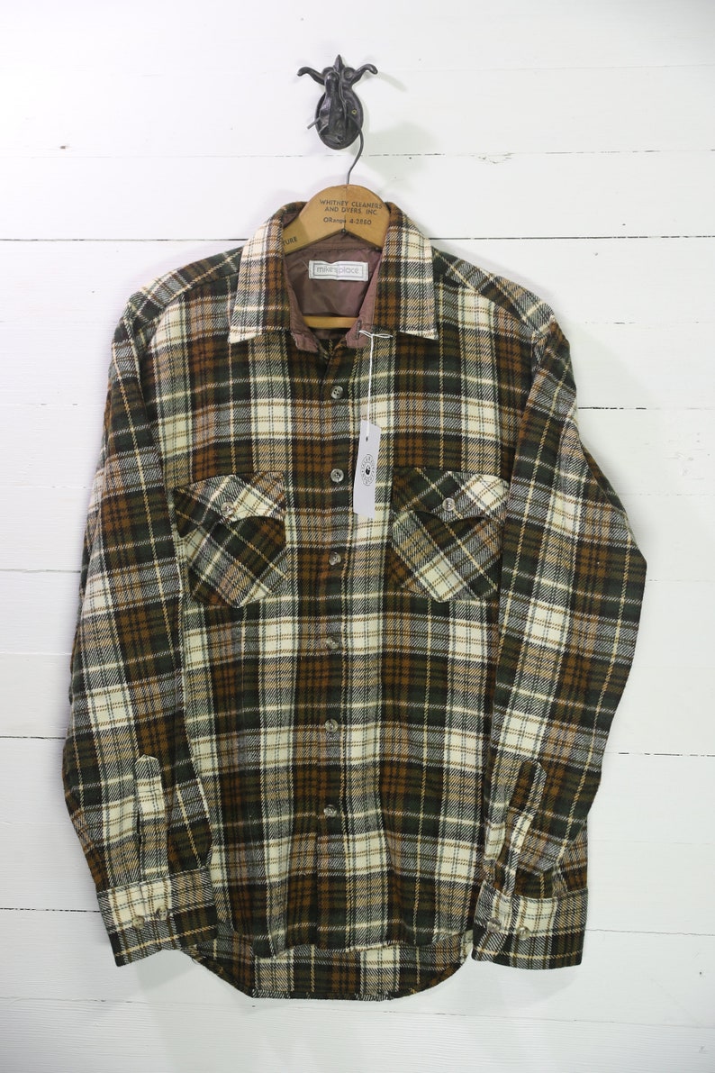 Medium Vintage 1970/'s Mike/'s Place Brown /& Yellow Flannel Button Down Shirt