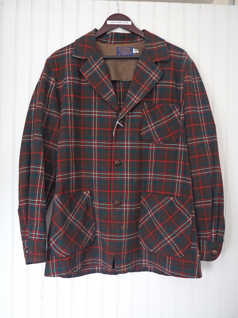 1960/'s Pendleton Virgin Wool Plaid Blazer w Leather Buttons Made in USA Size Medium