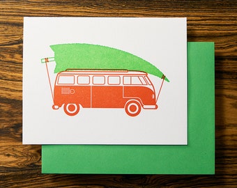 Vintage Bus - Fun Letterpress Holiday Christmas Card