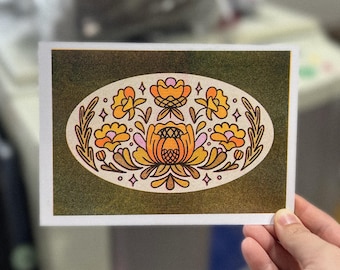 Retro Floral 60s Illustration 5x7 Risograph Print