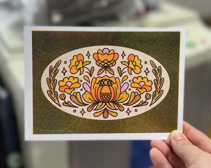 Retro Floral 60s Illustration 5x7 Risograph Print