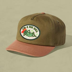 May include: A green and brown baseball cap with a patch that says "I'm a big dill" and features a cartoon pickle wearing a red hat. The cap has a brown brim.