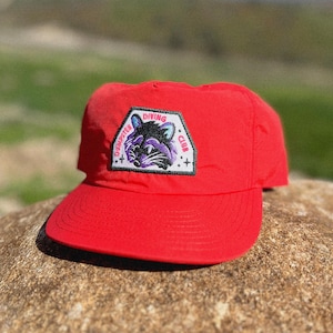 May include: Red baseball cap with a black and white patch featuring a raccoon and the text "DUMPSITER DIVING CLUB".