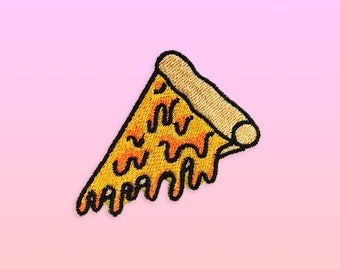 May include: A yellow and orange embroidered pizza slice with dripping cheese, on a pink background.